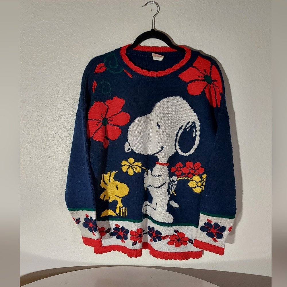 Snoopy & Friends Vintage Scalloped Edge Floral Multicolor Sweater WM Size Large